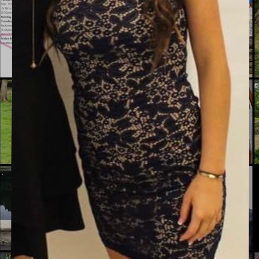 Navy blue with tan underlay lace dress
